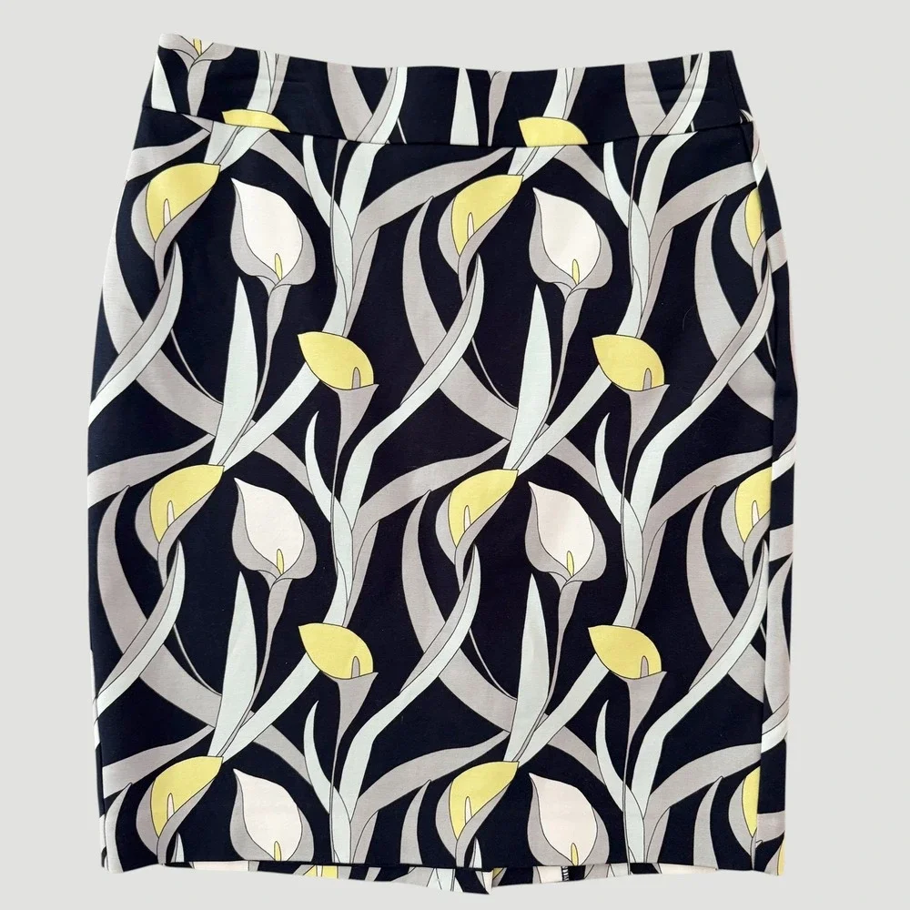 Ann Taylor Factory Navy Calla Lily Floral Pencil Skirt Size 6 8 Mod Career Bold